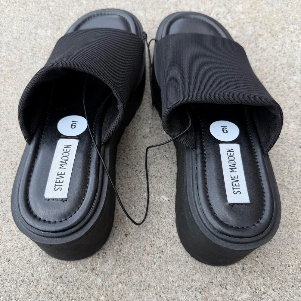 Steve Madden Overjoyed Black Platform Slide Wedge Sandals Sz 9 Chunky Lug Sole